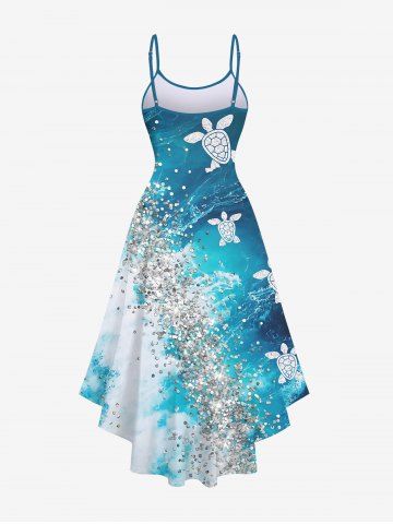Plus Size Turtle Sandstone Ombre Sea Waves Print High Low Asymmetric Hawaii Sea Creatures Cami Dress