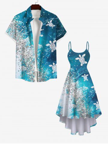 Plus Size Turtle Sandstone Ombre Sea Waves Print High Low Asymmetric Hawaii Sea Creatures Cami Dress