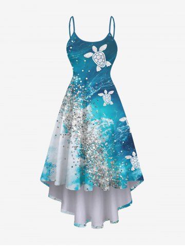 Plus Size Turtle Sandstone Ombre Sea Waves Print High Low Asymmetric Hawaii Sea Creatures Cami Dress - LIGHT BLUE - 4X
