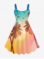 Plus Size Ombre Dusk Coconut Tree Swallow Print Backless Hawaii A Line Tank Dress -  