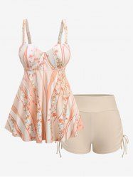 Plus Size Flowers Leaf Stripe Colorblock Print Cinched Boyleg Tankini Swimsuit -  