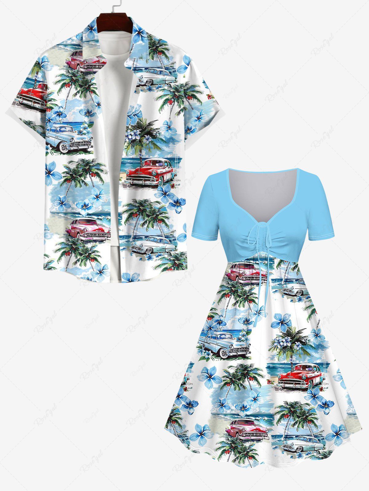 Online Sea Flower Car Coconut Tree Print Cinched Dress and Button Pocket Shirt Plus Size Matching Hawaii Beach Outfit  