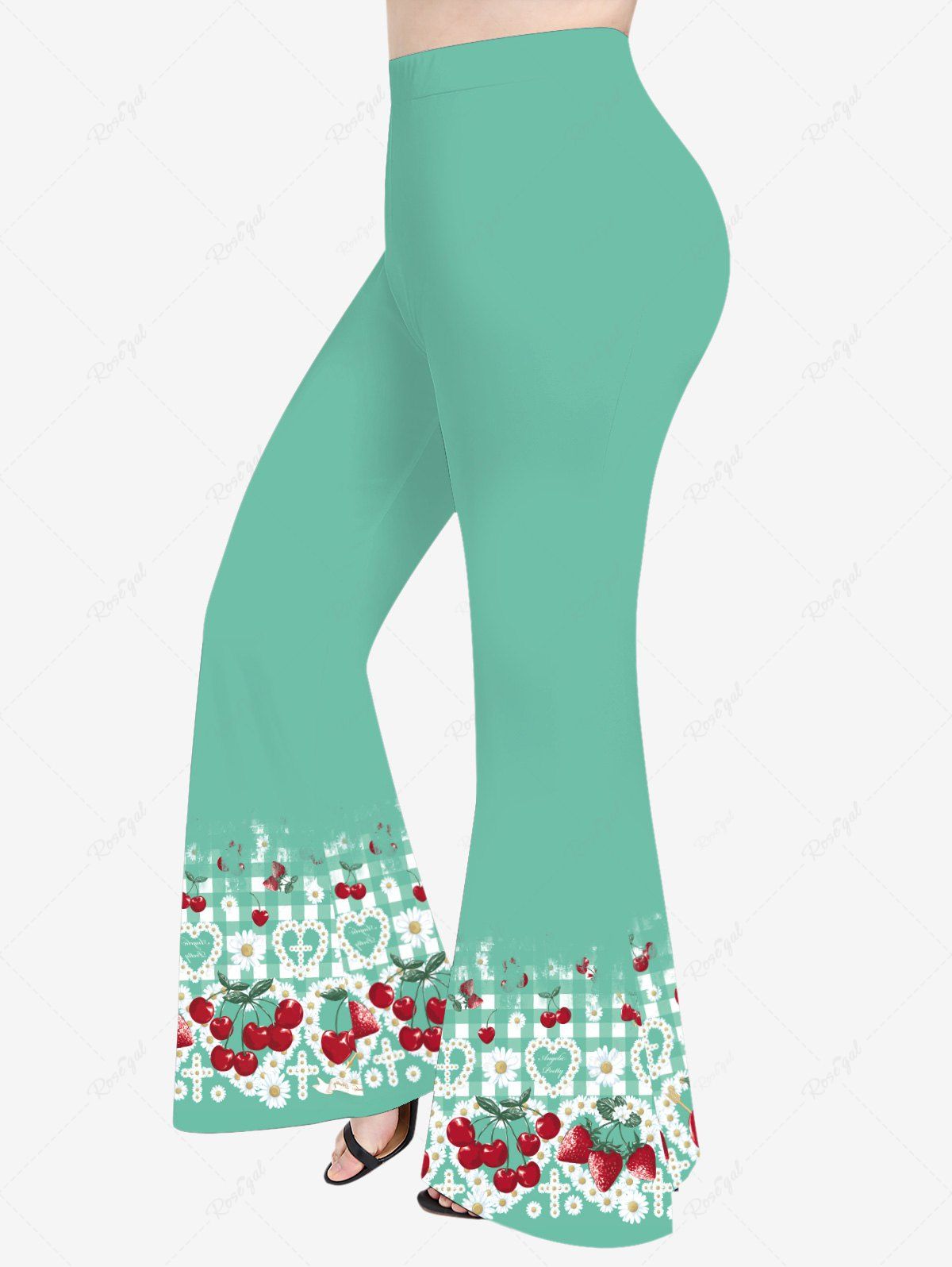 Pantalon Evasé Cerise Cœur Imprimés Croisé de Grande Taille Vert 6X