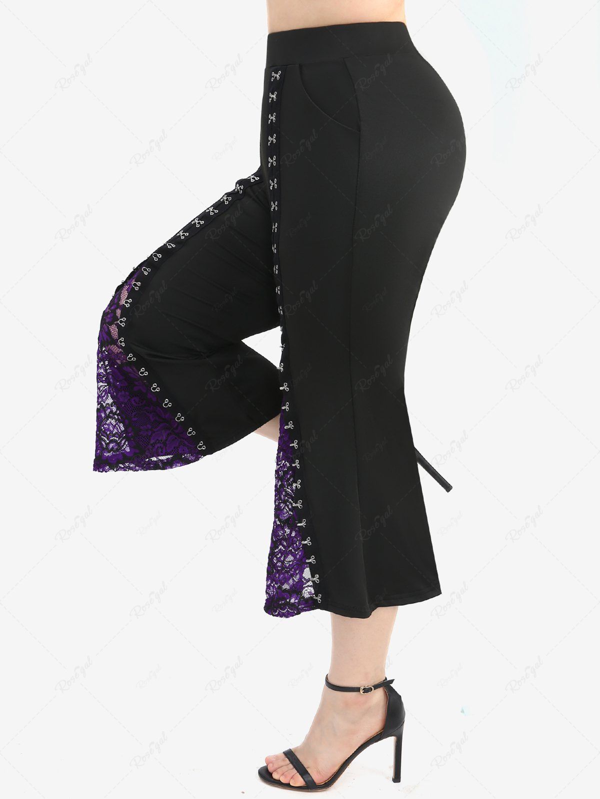 Sale Plus Size Flower Hollow Out Lace Patchwork Pockets Buckles Flare Pants  