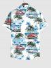 Sea Flower Car Coconut Tree Print Cinched Dress and Button Pocket Shirt Plus Size Matching Hawaii Beach Outfit -  