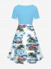 Sea Flower Car Coconut Tree Print Cinched Dress and Button Pocket Shirt Plus Size Matching Hawaii Beach Outfit -  