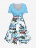 Sea Flower Car Coconut Tree Print Cinched Dress and Button Pocket Shirt Plus Size Matching Hawaii Beach Outfit -  