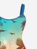 Plus Size Ombre Dusk Coconut Tree Swallow Print Backless Hawaii A Line Tank Dress -  