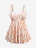 Plus Size Flowers Leaf Stripe Colorblock Print Cinched Boyleg Tankini Swimsuit -  