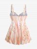 Plus Size Flowers Leaf Stripe Colorblock Print Cinched Boyleg Tankini Swimsuit -  