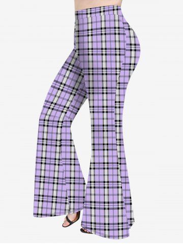 Plus Size Plaid Colorblock Print Flare Pants - PURPLE - XS