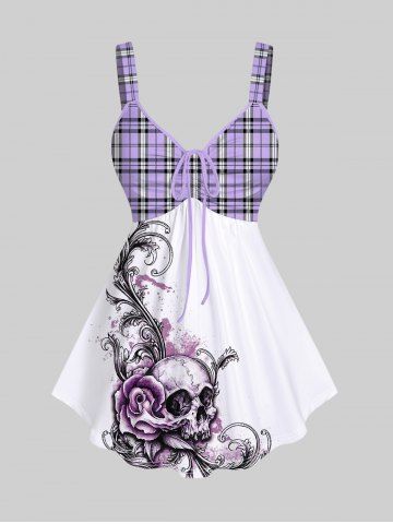 Plus Size Plaid Skull Rose Flower Branch Print Cinched Backless Tank Top - PURPLE - S