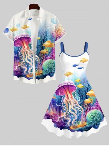 Sailor Coral Fish Colorful Underwater World Print Dress and Button Shirt Plus Size Matching Hawaii Sea Creatures Beach Outfit For Couples - WHITE