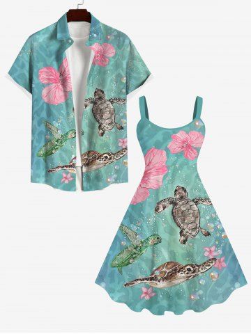 Turtle Floral Water Wave Print Hawaii Sea Creatures Dress and Button Shirt Plus Size Matching Beach Outfit For Couples