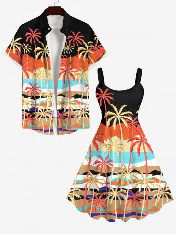 Coconut Tree Sea Beach Colorblock Print Dress and Button Shirt Plus Size Matching Hawaii Beach Outfit For Couples - MULTI-A