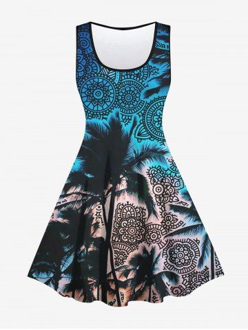 Hawaii Plus Size Coconut Tree Vintage Floral Print Sleeveless A Line Dress - BLUE - S
