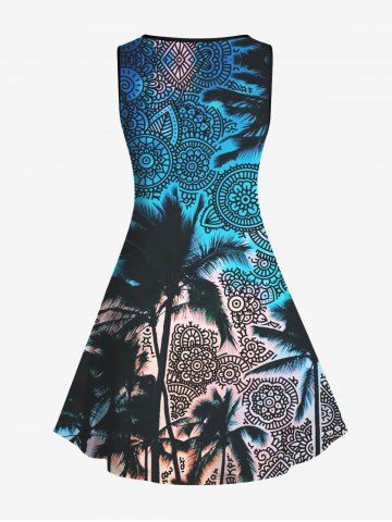 Hawaii Plus Size Coconut Tree Vintage Floral Print Sleeveless A Line Dress