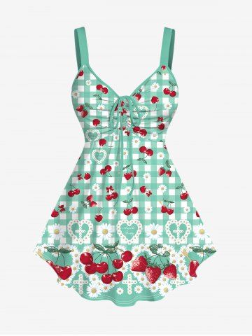 Plus Size Cherry Strawberry Daisy Heart Cross Plaid Printed Cinched Backless Tank Top - LIGHT GREEN - XS