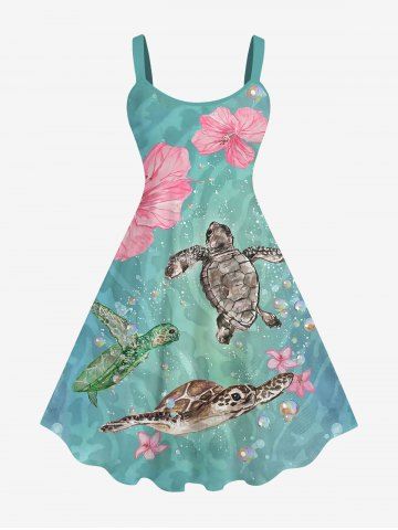 Plus Size Turtle Floral Water Wave Print Hawaii Sea Creatures Backless A Line Tank Dress - LIGHT GREEN - S