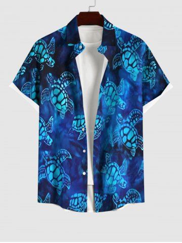 Men's Glitter Ombre Sea Turtle Print Hawaii Sea Creatures Button Pocket Shirt - BLUE - XL