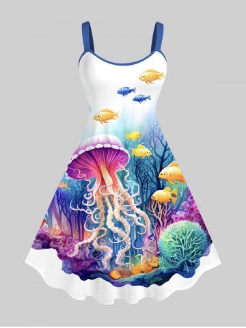 Plus Size Sailor Coral Fish Colorful Underwater World Print Hawaii Sea Creatures Backless A Line Tank Dress - WHITE - 2X