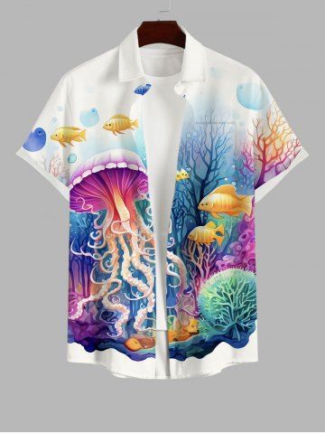 Plus Size Sailor Coral Fish Colorful Underwater World Print Hawaii Sea Creatures Button Pocket Shirt For Men - WHITE - S