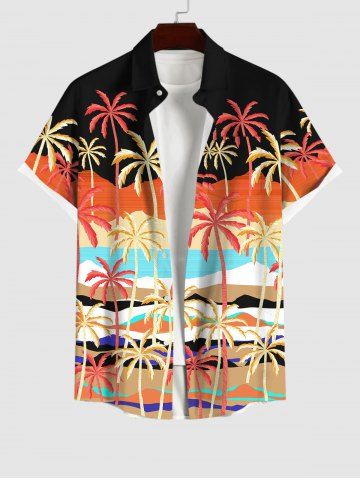 Plus Size Coconut Tree Sea Beach Colorblock Print Hawaii Button Pocket Shirt For Men - MULTI-A - XL