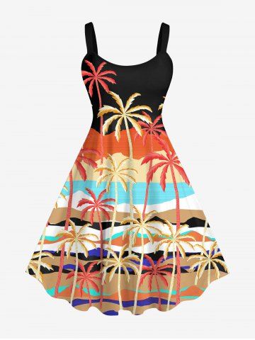 Plus Size Coconut Tree Sea Beach Colorblock Print Hawaii Backless A Line Tank Dress - MULTI-A - XS