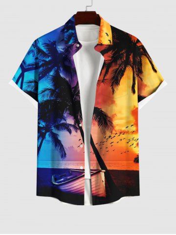 Plus Size Hawaii Coconut Tree Boat Birds Sunset Print Buttons Pocket Shirt For Men