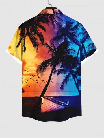 Plus Size Hawaii Coconut Tree Boat Birds Sunset Print Buttons Pocket Shirt For Men