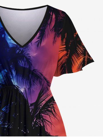 Plus Size Hawaii Coconut Tree Boat Birds Sunset Print Split Dress