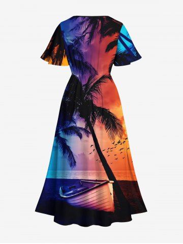 Plus Size Hawaii Coconut Tree Boat Birds Sunset Print Split Dress
