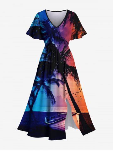 Plus Size Hawaii Coconut Tree Boat Birds Sunset Print Split Dress - BLACK - XS