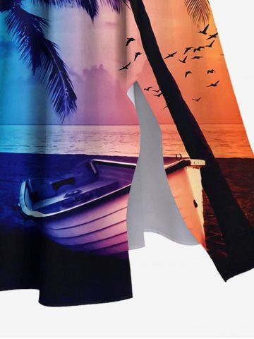 Plus Size Hawaii Coconut Tree Boat Birds Sunset Print Split Dress