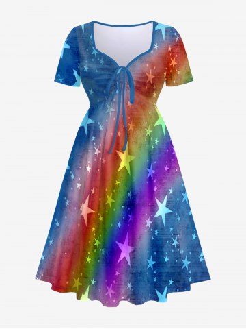 Plus Size Rainbow Color Stars Print Cinched Ombre Maternity A Line Dress - MULTI-A - S