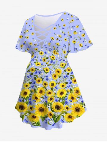 Plus Size Sunflower Print Lattice Maternity T-shirt - LIGHT PURPLE - M