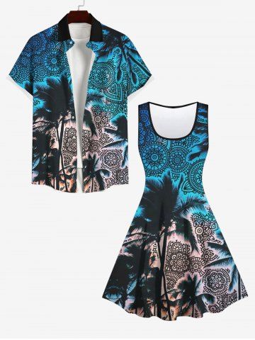 Coconut Tree Vintage Floral Print Dress and Button Pocket Shirt Plus Size Matching Hawaii Beach Outfit for Couples - BLUE