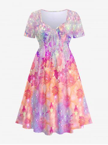 Plus Size Glitter Sparkling Sunflower Print Ombre Cinched Maternity A Line Dress - MULTI-A - S