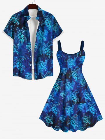 Sea Turtle Print Sea Creatures Plus Size Matching Hawaii Beach Outfit For Couples - BLUE