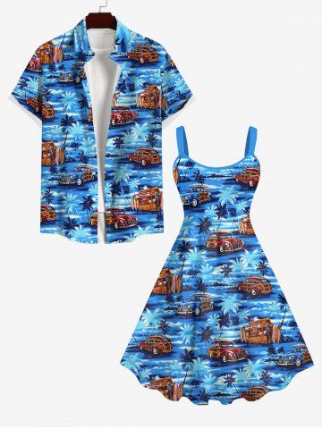 Coconut Tree Sea Car Print Backless A Line Hawaii Plus Size Matching Hawaii Beach Outfit For Couples - BLUE
