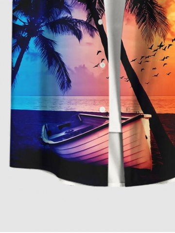 Coconut Tree Boat Birds Sunset Print Plus Size Matching Hawaii Beach Outfit For Couples