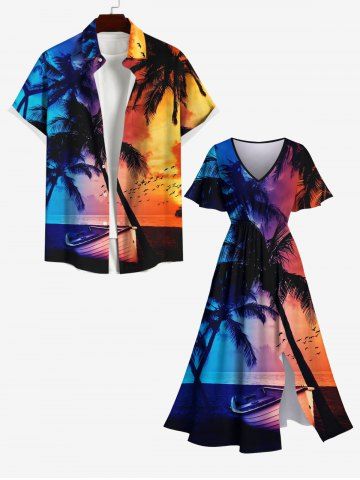 Coconut Tree Boat Birds Sunset Print Plus Size Matching Hawaii Beach Outfit For Couples