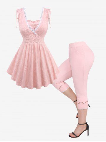 Ruched Ruffles Cinched Shoulder Lace Trim Textured Tank Top and Hollow Out Capri Leggings Plus Size Summer Outfit - LIGHT PINK