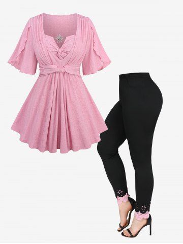 Twist Buckle Ruffles Split Sleeve Textured Top and Floral Hollow Out Trim Leggings Plus Size Summer Outfit - LIGHT PINK