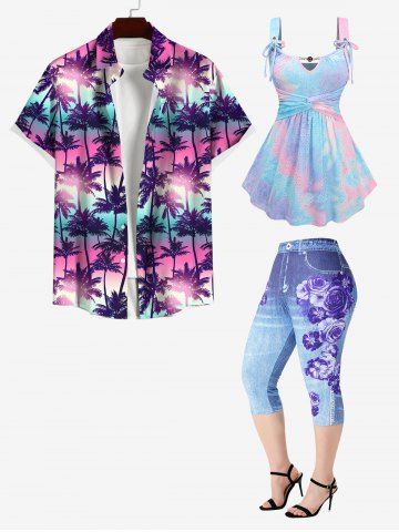Coconut Tree Printed Men's Shirt and Tie Dye Printed Chain Panel Twist Hollow Out Tank Top and  Rose Flower Print Capri Leggings Plus Size Matching Hawaii Beach Outfit For Couples