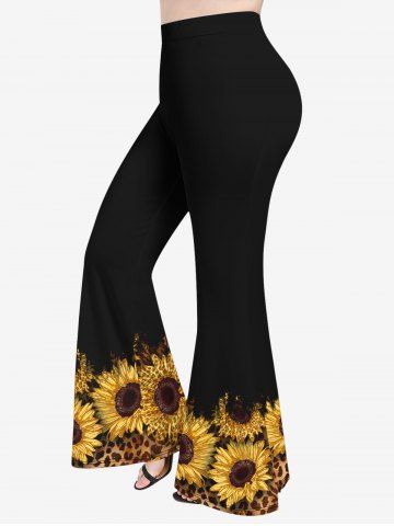 Plus Size Sunflower Leopard Print Flare Pants - BLACK - XS