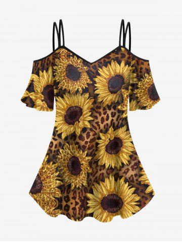 Plus Size Sunflower Leopard Print Cold Shoulder T-shirt - COFFEE - XS