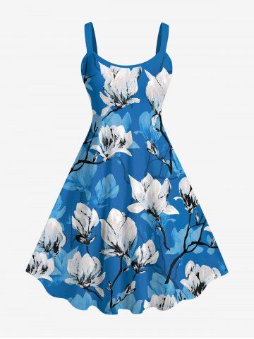 Plus Size Ombre Flower Print Backless Hawaii A Line Tank Dress - BLUE - XS
