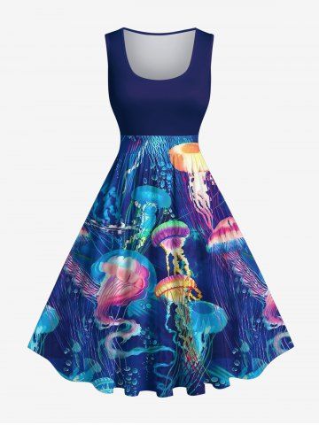 Plus Size Sea Creatures Jellyfish Print 1950s Vintage Dress - DEEP BLUE - S