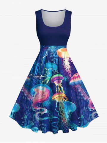 Plus Size Sea Creatures Jellyfish Print 1950s Vintage Dress - DEEP BLUE - 1X